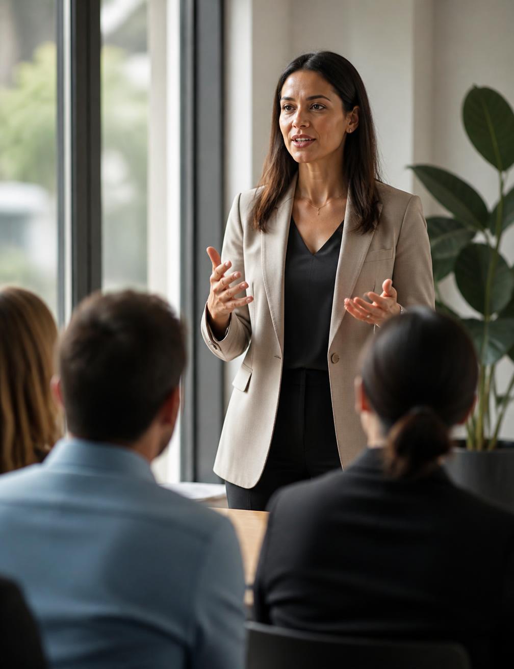 An instructor presenting to a small group of professionals in a seminar room